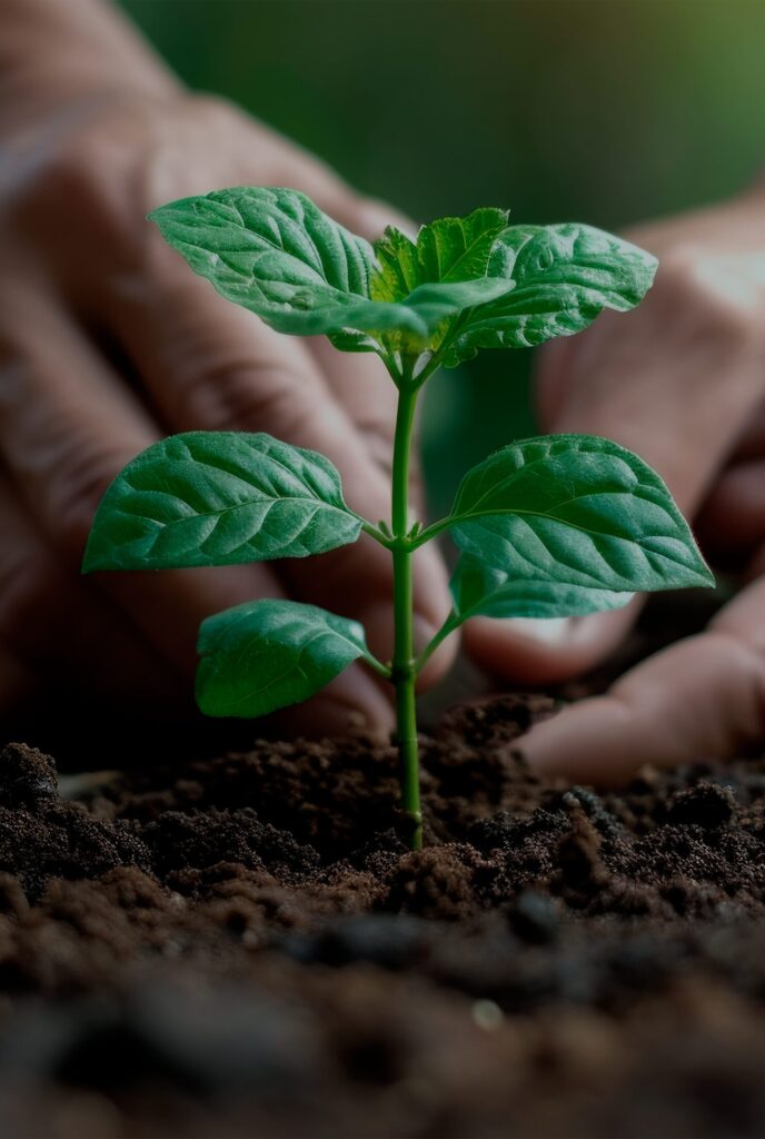 Mãos cultivando muda verde no solo, cuidado e sustentabilidade no campo